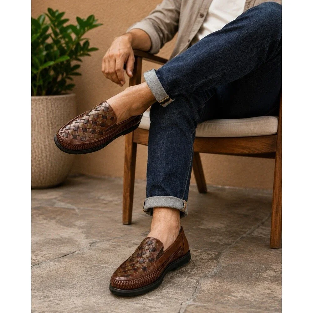 Deer Stags Tijuana Men’s 9.5 3E Extra Wide Woven Leather Huarache Loafers Brown
